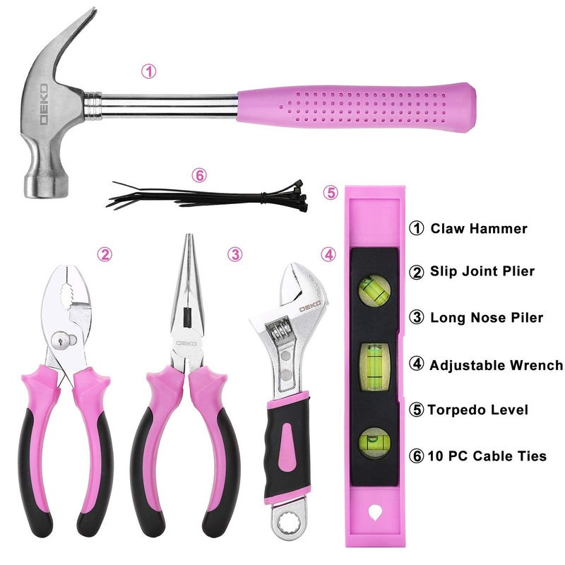 DEKO Pink Tool Set 110 Piece Household Tool Kit,Ladies Portable Tool Set with Easy Carrying Pouch, Perfect for DIY Projects, Home Maintenance - Image 3